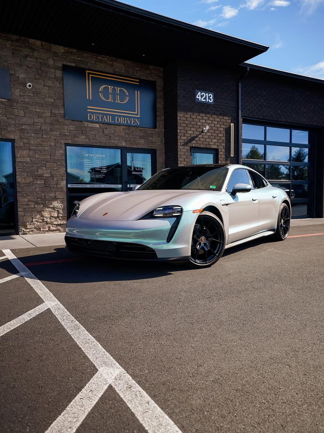 Magic Gray Green on Porsche Taycan, Detail Driven