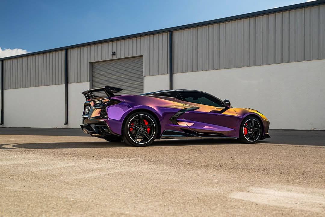 Chevrolet Corvette C8 in Majestic Unicorn Gloss Color-Shift PPF, hero shot at Sage Auto Studios