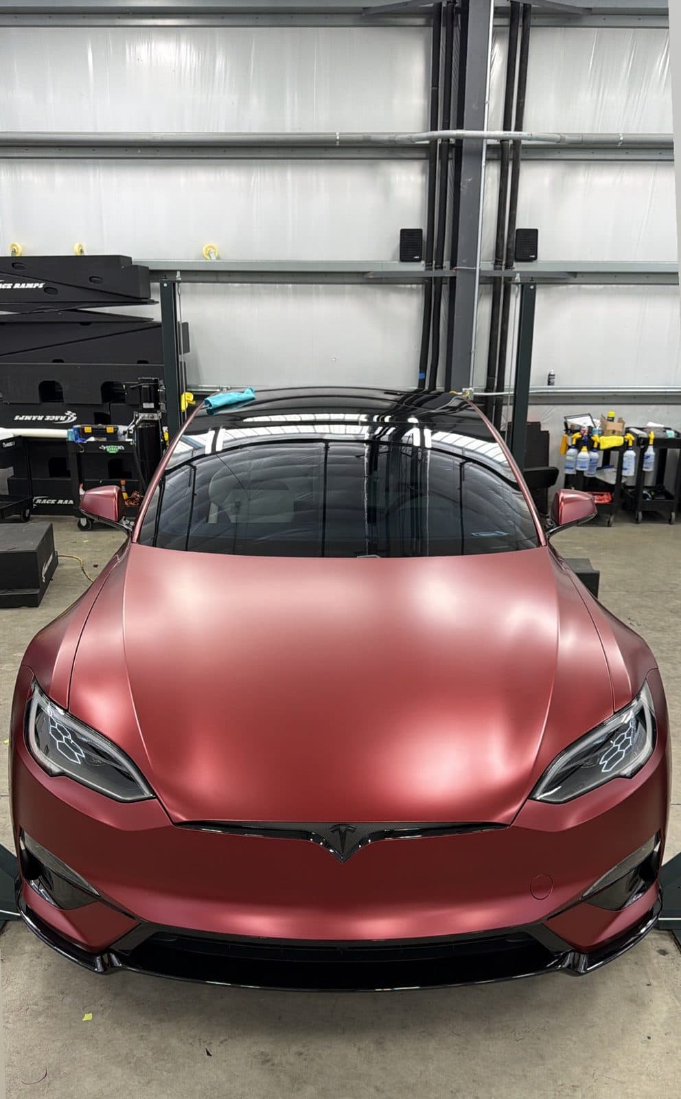Satin Metallic Ruby Red on Tesla Model S, TXT Tint
